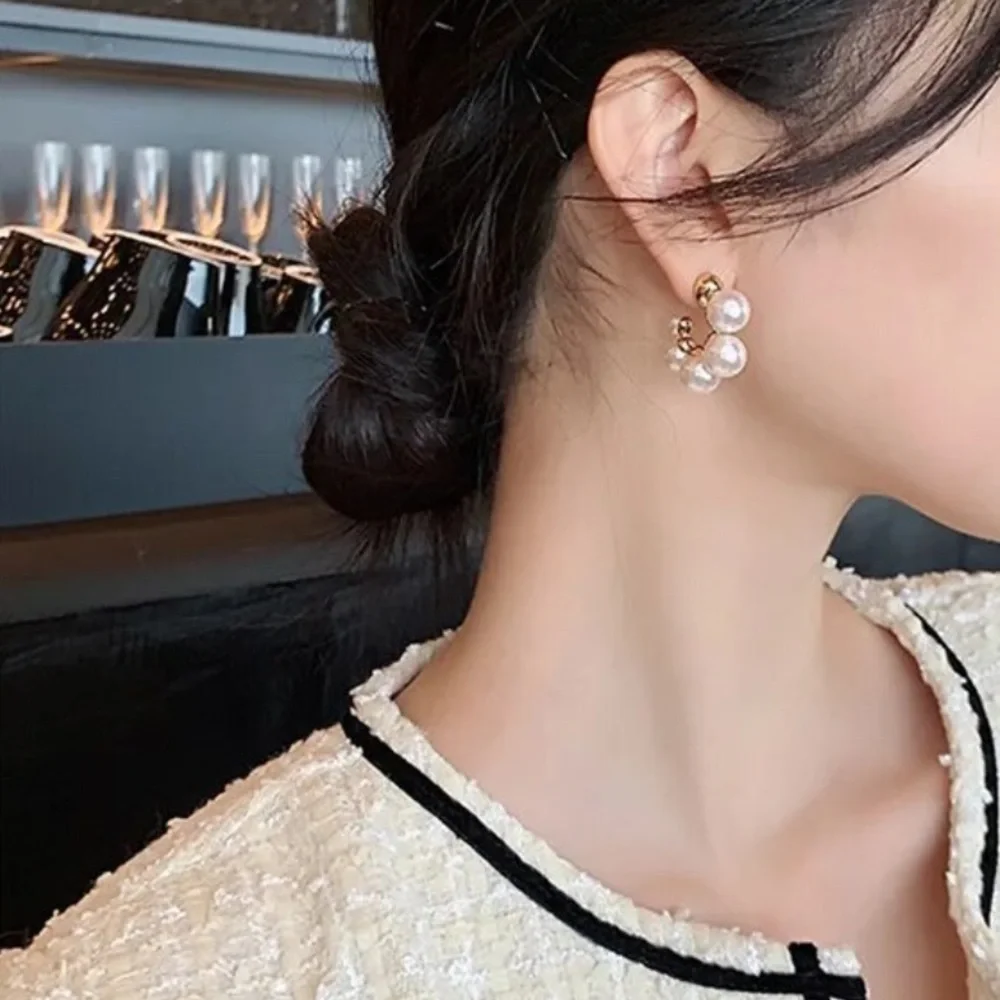 "Now & Forever" Luxury Pearl Gold Mini Hoop Statement Minimalist Dainty Earrings - Picture 5 of 7